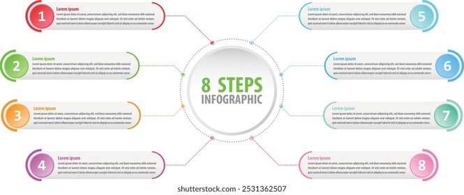 Modern 8 Steps Process Infographic with Central Circle and Branching Boxes for Workflow, Timeline, or Step-by-Step Guide Visualization