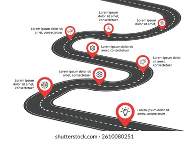 Modern 8-Step Roadmap Infographic with Location Pins and Icons – Ideal for Banners, Presentations, Brochures, and Marketing Projects