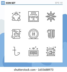 Modern 9 Line style icons. Outline Symbols for general use. Creative Line Icon Sign Isolated on White Background. 9 Icons Pack.