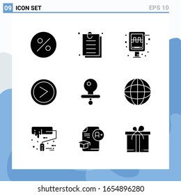 Modern 9 solid style icons. Glyph Symbols for general use. Creative Solid Icon Sign Isolated on White Background. 9 Icons Pack.