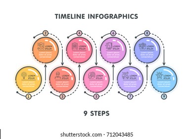 Modern 9 steps timeline infographic template. Linear flat style business presentation concept. Vector illustration