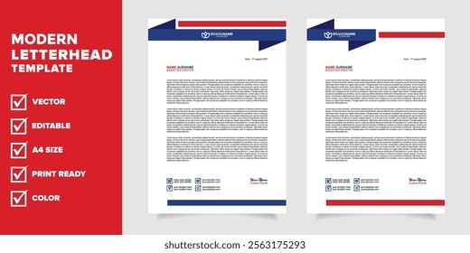 modern a4 letterhead template for creative business company office stationery in blue and red color 