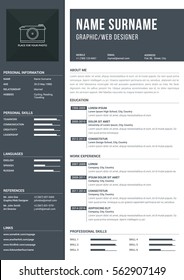 Modern a4 one page resume template with timelines for education and work experience, vector eps10 illustration