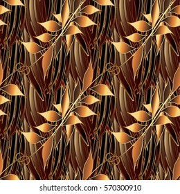 Modern abstract 3d cane seamless pattern background wallpaper illustration with gold leaves and floral ornaments. Luxury vector hand drawn fabric texture.