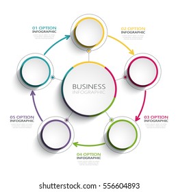 Modelo infográfico 3D abstrato moderno com cinco etapas. Modelo de círculo de negócios com opções para folheto, diagrama, fluxo de trabalho, linha do tempo, web design. Vector EPS 10