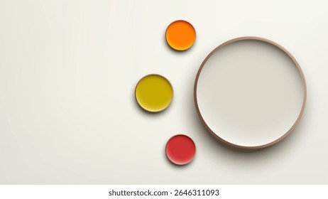 modern abstract 3D large light circle with thick rim three smaller bright circles orange, yellow, red on a soft off white background, graphic design, branding, and digital projects