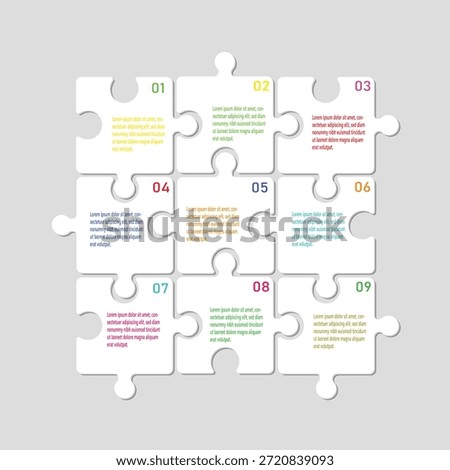 Modern abstract 3D puzzle infographic template with nine steps. Business concept graph template and website design. 