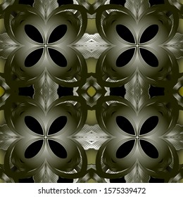 Modern abstract 3d vector seamless pattern. Glowing floral dark green background. Surface ornamental repeat backdrop. Elegant ornament. Decorative ornate design. For wallpapers, fabric, prints.