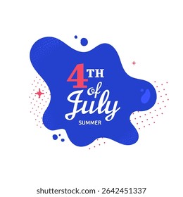 Modern abstract 4th of July design with blue splash background, red and white typography and decorative elements representing American Independence Day celebration in summer