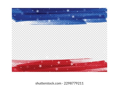 Modern abstract 4th of July transparent banner, greeting design, red and blue brushstroke with stars. Vector illustration.