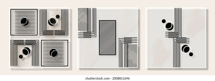Fondo estético abstracto moderno con formas y líneas de balance geométrico. Ilustración de la decoración de pared, impresión vectorial para cubierta, papel de pared, tarjeta, medios sociales, interior