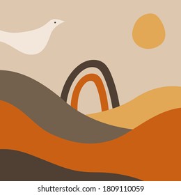 Modern abstract aesthetic background with landscape design. Boho wall decor . Vector illustration with rainbow, sun, bird, mountains in orange, yellow and brown colors