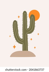 Modern abstract aesthetic background with mexican cactus, stars and sun. Wall decor in boho style. Mid century vector print for cover, wallpaper, card, social media, interior decor	