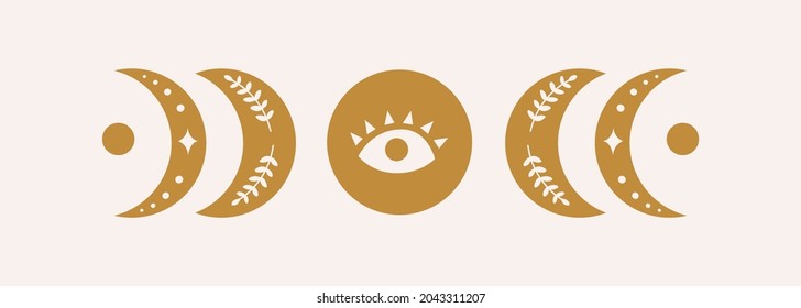 Modern abstract  aesthetic background with moon phases. Horizontal wall decor in boho style. Mid century minimalist art print. Vector design