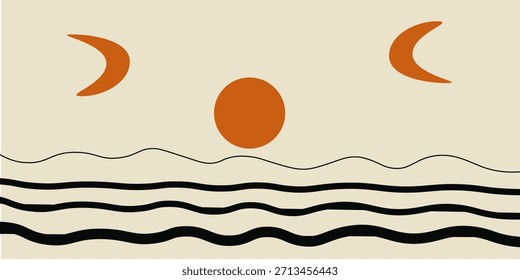  Fondo estético abstracto moderno con fases lunares y ondas geométricas. Decoración de pared en estilo boho. Impresión de arte minimalista de mediados de siglo. Diseño de Vector