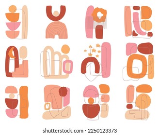 Modern abstract aesthetic boho shapes posters. Geometric trendy set of minimalistic hand drawn backgrounds, mid century art for wall decoration, interior poster design.