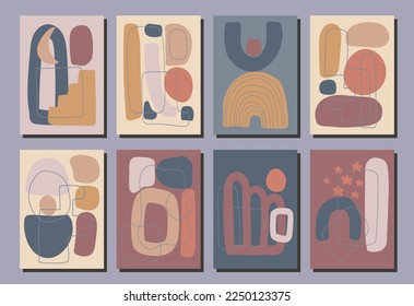 Modern abstract aesthetic boho shapes posters. Geometric trendy set of minimalistic hand drawn backgrounds, mid century art for wall decoration, interior poster design.