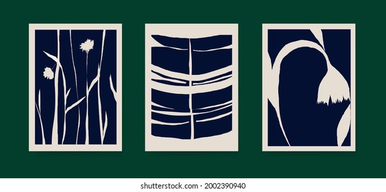 Modern abstract aesthetic illustrations with plants. Contemporary wall decor. Collection of minimalist posters. 