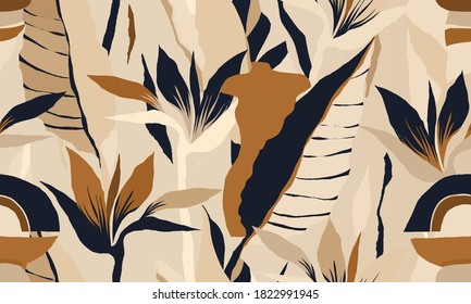 Modern abstract aesthetic pattern with exotic jungle plants. Bohemian style. Fashionable template for design.