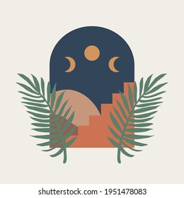 Modern abstract aesthetic print with landscape, stairs and moon phase on light background. Wall decor in boho style. Mid century vector print for cover, wallpaper, card, social media, interior