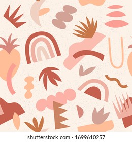 Diseño estético abstracto y moderno con formas naturales. Colores terracota. Para tela o envolver papel, arte mural, publicación en medios sociales, embalaje. Ilustración del vector