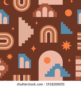 Modernes abstraktes, nahtloses ästhetisches Muster mit geometrischen Architekturelementen im Boho-Stil. Vektor-Design des Mitteljahrs, Deckung, Tapete, Karte, soziale Medien, Inneneinrichtung, Textilien, Stoff