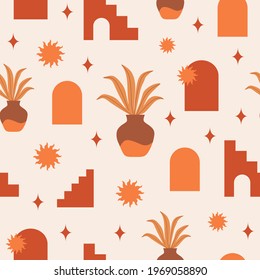 Modern abstract aesthetic seamless pattern with geometric architecture elements in boho style. Mid century vector design for cover, wallpaper, card, social media, interior, textile, fabric	