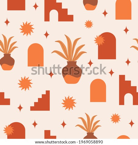 Modern abstract aesthetic seamless pattern with geometric architecture elements in boho style. Mid century vector design for cover, wallpaper, card, social media, interior, textile, fabric	
