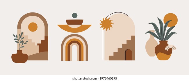 Modern abstract aesthetic set of geometric balance shapes, stairs and plants. Wall decor in boho style. Mid century vector print for cover, wallpaper, card, social media, interior decor