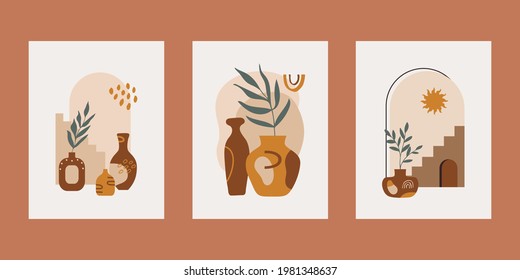 Modernes abstraktes ästhetisches Set mit Topf, Vase, Balanceformen, Treppen und Pflanzen. Wanddekor im Boho-Stil. Vektorgrafik des MittelJahrhunderts für Decken, Tapeten, Karten, soziale Medien, Innendekoration	
