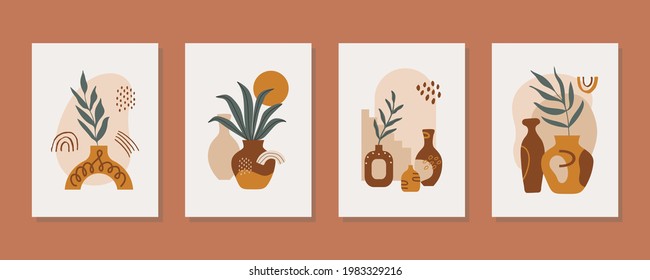 Modern abstract aesthetic set with pot, vase, balance shapes, stairs and plants. Wall decor in boho style. Mid century vector print for cover, wallpaper, card, social media, interior decor	