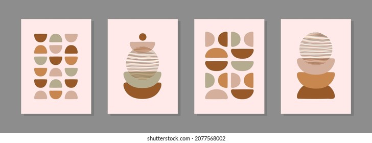 Modern abstract aesthetic sunset background. Boho wall decor. Minimalist print with geometric semicircle. Vector illustration