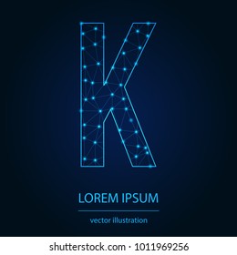 Modern abstract alphabet on background blue. Wire frame 3D mesh polygonal network line. Vector design element for your art. Letter K. Vector illustration eps10.
