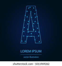 Modern abstract alphabet on background blue. Wire frame 3D mesh polygonal network line. Vector design element for your art. Letter A. Vector illustration eps10.
