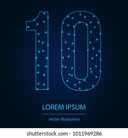 Modern abstract alphabet on background blue. Wire frame 3D mesh polygonal network line. Vector design element for your art. Number 10. Vector illustration eps10.
