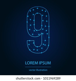 Modern abstract alphabet on background blue. Wire frame 3D mesh polygonal network line. Vector design element for your art. Number 9. Vector illustration eps10.
