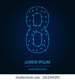 Modern abstract alphabet on background blue. Wire frame 3D mesh polygonal network line. Vector design element for your art. Number 8. Vector illustration eps10.
