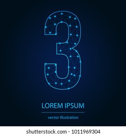 Modern abstract alphabet on background blue. Wire frame 3D mesh polygonal network line. Vector design element for your art. Number 3. Vector illustration eps10.
