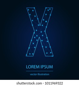 Modern abstract alphabet on background blue. Wire frame 3D mesh polygonal network line. Vector design element for your art. Letter X. Vector illustration eps10.
