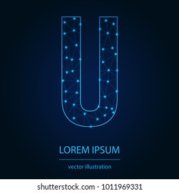 Modern abstract alphabet on background blue. Wire frame 3D mesh polygonal network line. Vector design element for your art. Letter U. Vector illustration eps10.
