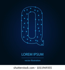 Modern abstract alphabet on background blue. Wire frame 3D mesh polygonal network line. Vector design element for your art. Letter Q. Vector illustration eps10.
