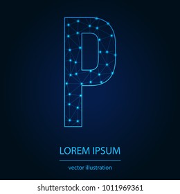 Modern abstract alphabet on background blue. Wire frame 3D mesh polygonal network line. Vector design element for your art. Letter P. Vector illustration eps10.
