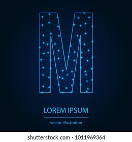 Modern abstract alphabet on background blue. Wire frame 3D mesh polygonal network line. Vector design element for your art. Letter M. Vector illustration eps10.
