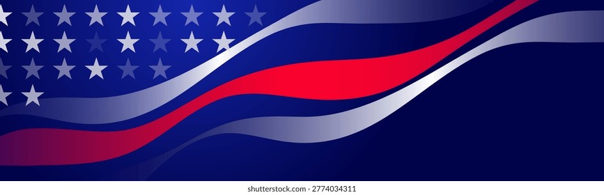 Modern abstract American flag design featuring dynamic flowing red, white, and blue gradient waves with subtle stars on a dark background, ideal for patriotic and corporate themes.