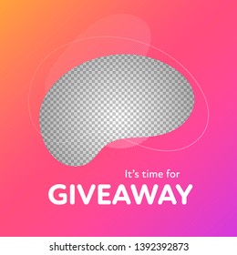 Modern abstract amoeba giveaway banner template. Flat gradient red to pink frame with transparent space for picture. Advertising giving present for like, repost. Decoration poster for business account