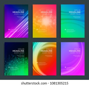 Modern abstract annual report, flyer design, brochure templates set. Vector illustration for business covers, corporate presentation banners. Colorful light lines.