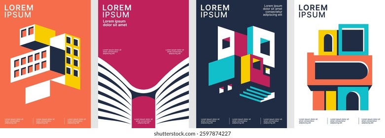 Modern abstract architecture design with geometric shapes, bold colors, and contemporary style, perfect for urban posters, magazine covers, digital art, and conceptual illustration.