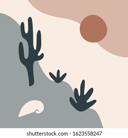 Modern abstract Arizona desert background frame design, good for summer sale, social media promotional content and more. Random different shapes and floral silhouette element.