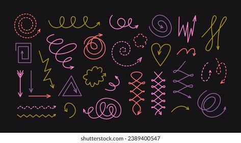 Modern abstract arrows. Linear colorful hand-drawn doodles and scribbles. Playful line art shapes and figures. Bold bright retro colors.