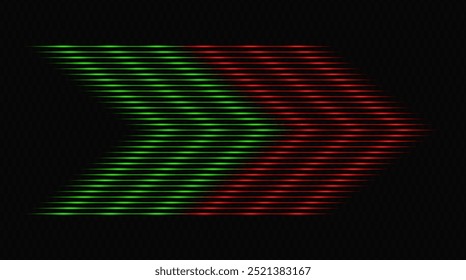 Modern abstract arrows moving at high speed. Technology movement. Colorful dynamic movement. Abstract red and green neon lines arranged in a zigzag formation on a dark background